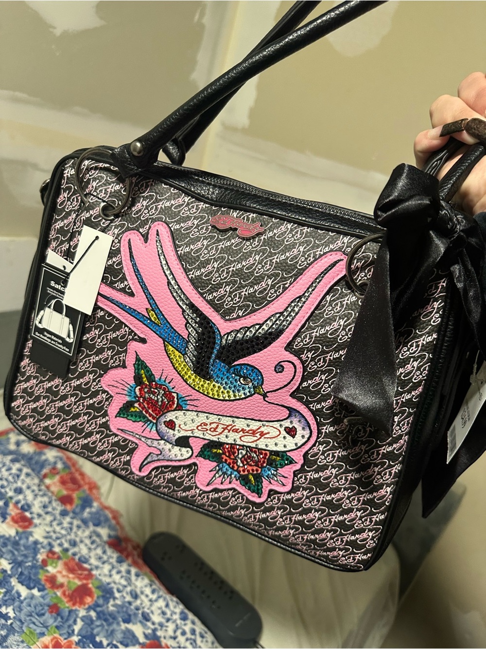 Ed Hardy Pink Black Swallow Patch Shoulder Bag and Crossbody